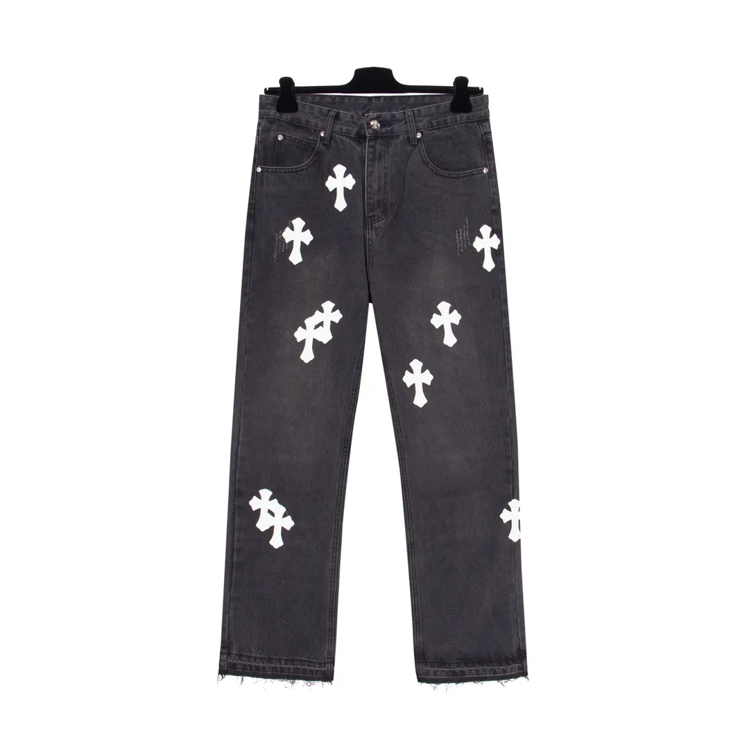 P206 [Next day] Chrome Heart Cross patch leather jeans Top heavy washing process Calf leather laser cut cross Distressed silver hardware Straight version of the upper body slimming High-end quality distinguishes the market currency Color: black and white Size: S M L XL Detailed size can be found in picture 9